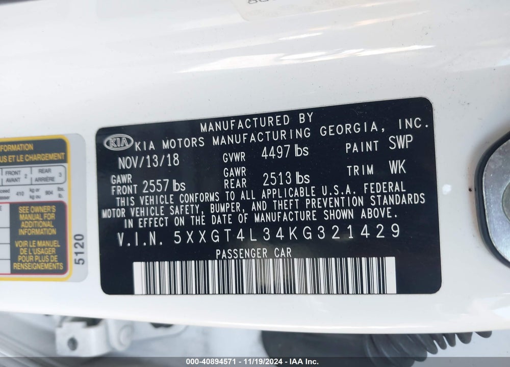 2019 KIA OPTIMA LX VIN: 5XXGT4L34KG321429