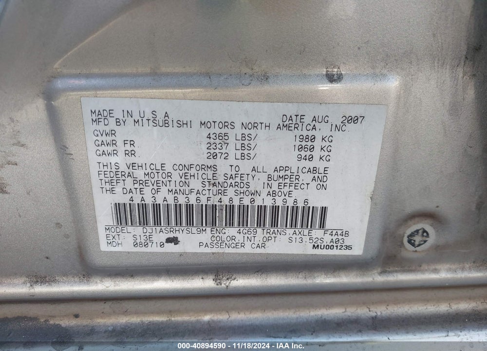 2008 MITSUBISHI GALANT ES VIN: 4A3AB36F48E013986
