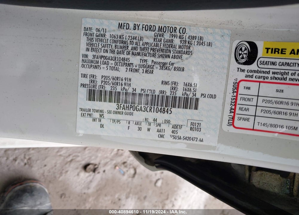 2012 FORD FUSION S VIN: 3FAHP0GA3CR104845