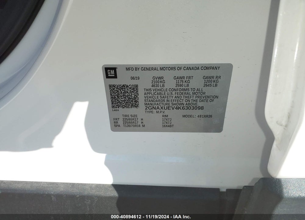 2019 CHEVROLET EQUINOX LT VIN: 2GNAXUEV4K6303098