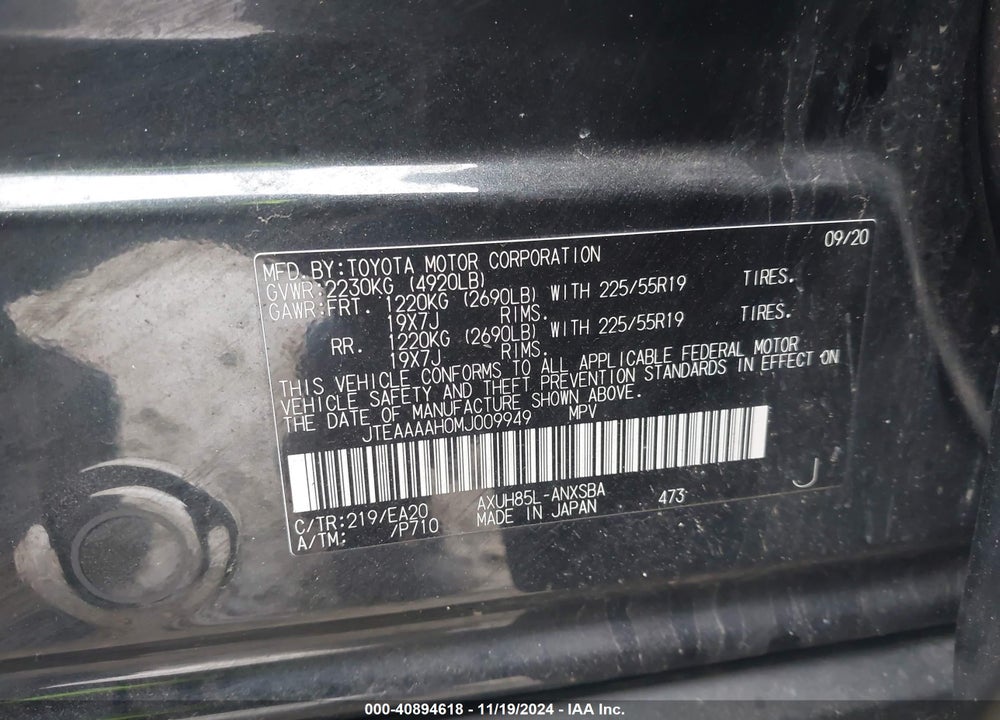 2021 TOYOTA VENZA LIMITED VIN: JTEAAAAH0MJ009949