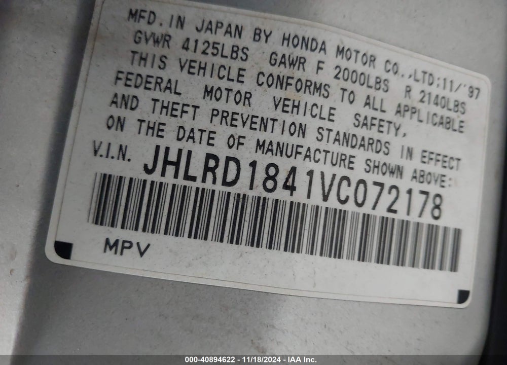 1997 HONDA CR-V VIN: JHLRD1841VC072178