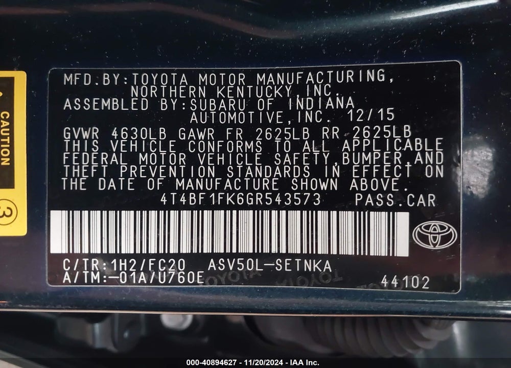 2016 TOYOTA CAMRY VIN: 4T4BF1FK6GR543573
