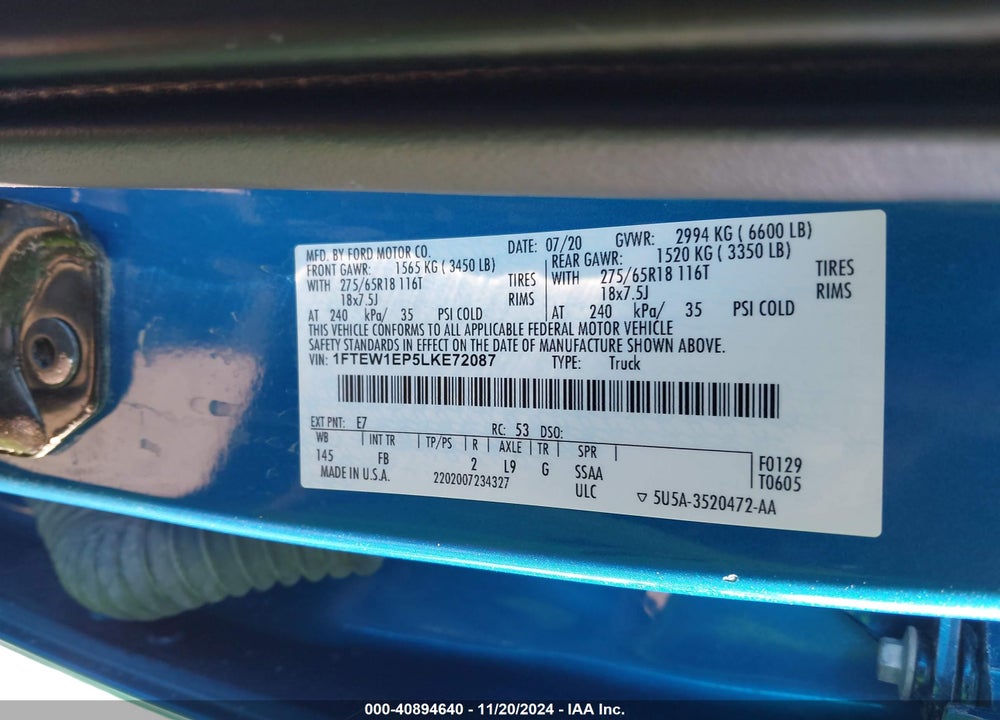 2020 FORD F-150 XLT VIN: 1FTEW1EP5LKE72087