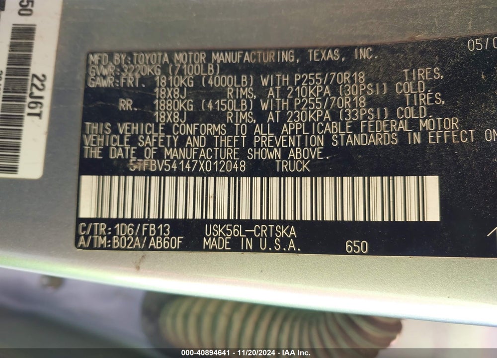 2007 TOYOTA TUNDRA SR5 5.7L V8 VIN: 5TFBV54147X012048