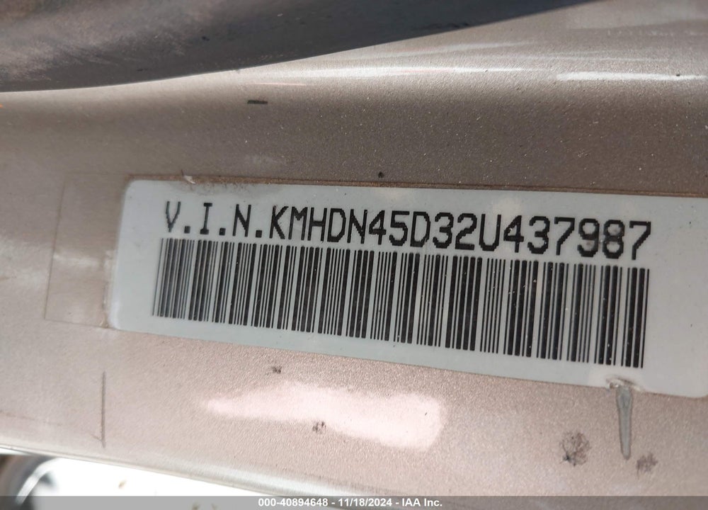 2002 HYUNDAI ELANTRA GLS VIN: KMHDN45D32U437987