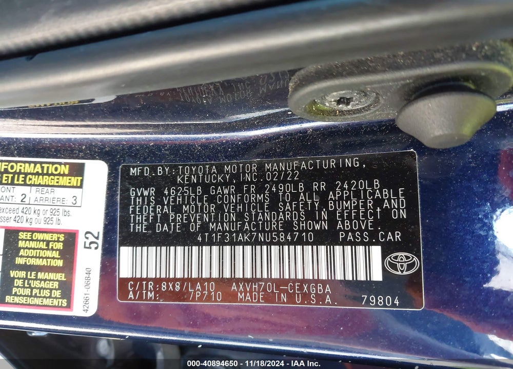 2022 TOYOTA CAMRY VIN: 4T1F31AK7NU584710