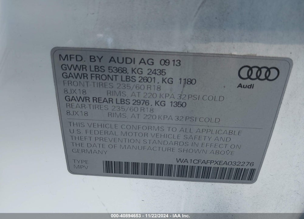 2014 AUDI Q5 2.0T PREMIUM VIN: WA1CFAFPXEA032276