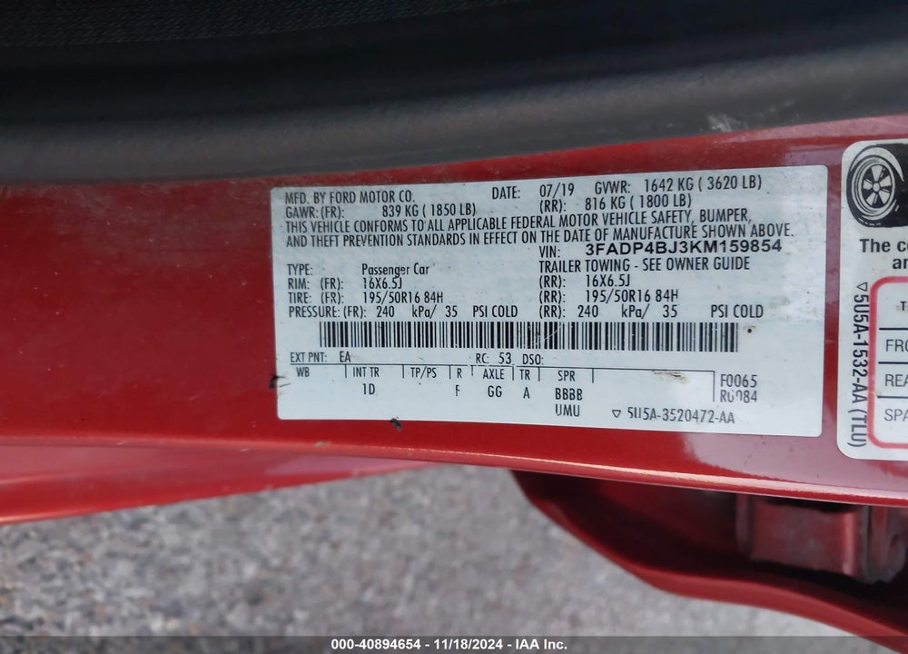 2019 FORD FIESTA VIN: 3FADP4BJ3KM159854
