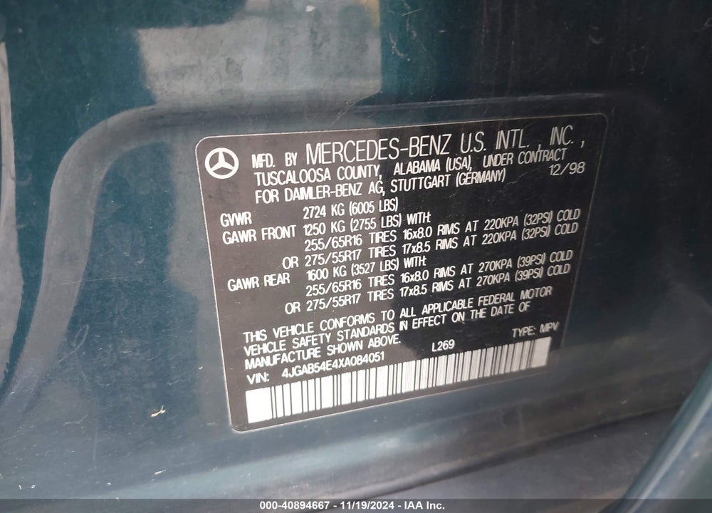 1999 MERCEDES-BENZ ML 320 VIN: 4JGAB54E4XA084051