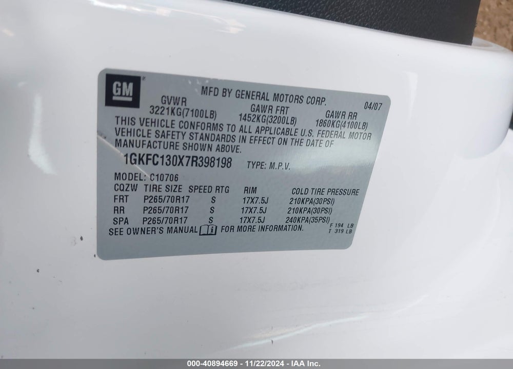 2007 GMC YUKON COMMERCIAL FLEET VIN: 1GKFC130X7R398198
