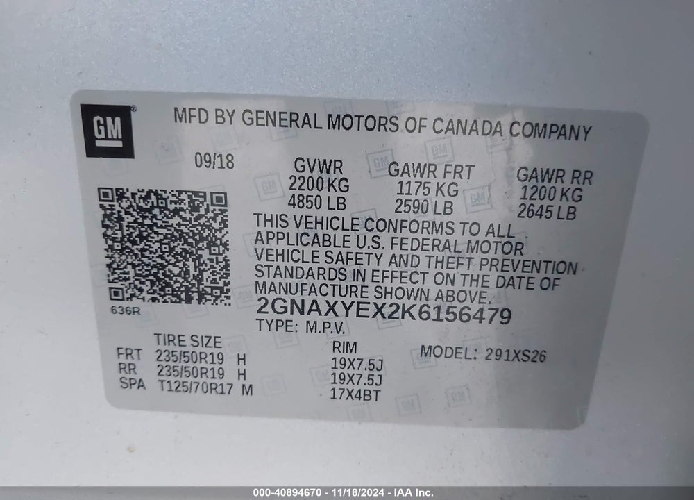 2019 CHEVROLET EQUINOX PREMIER VIN: 2GNAXYEX2K6156479