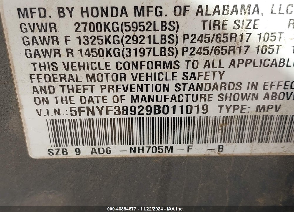 2009 HONDA PILOT TOURING VIN: 5FNYF38929B011019