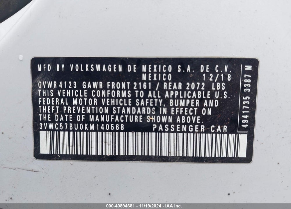 2019 VOLKSWAGEN JETTA VIN: 3VWC57BU0KM140568