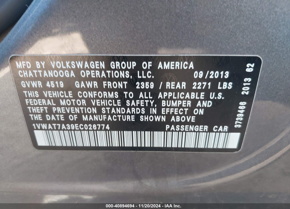 2014 VOLKSWAGEN PASSAT VIN: 1VWAT7A39EC026774