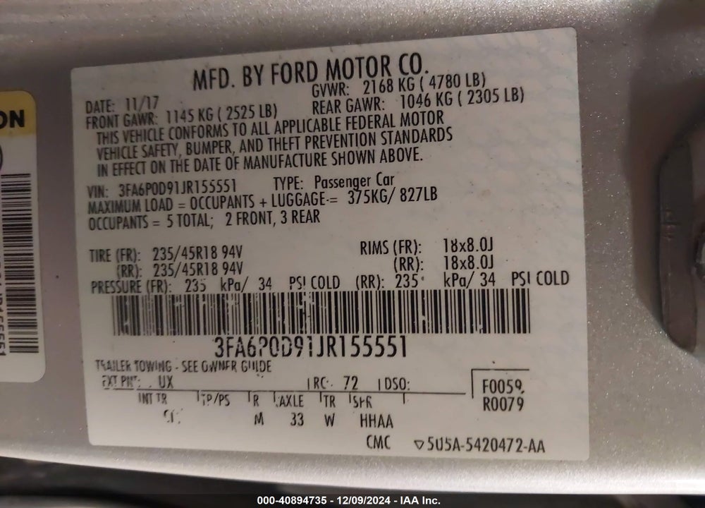 2018 FORD FUSION TITANIUM VIN: 3FA6P0D91JR155551