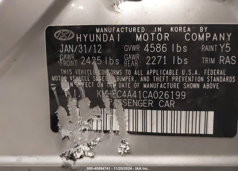 2012 HYUNDAI SONATA HYBRID VIN: KMHEC4A41CA026199