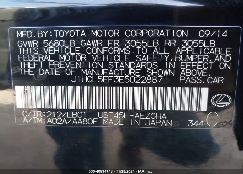2014 LEXUS LS 460 VIN: JTHCL5EF3E5022887