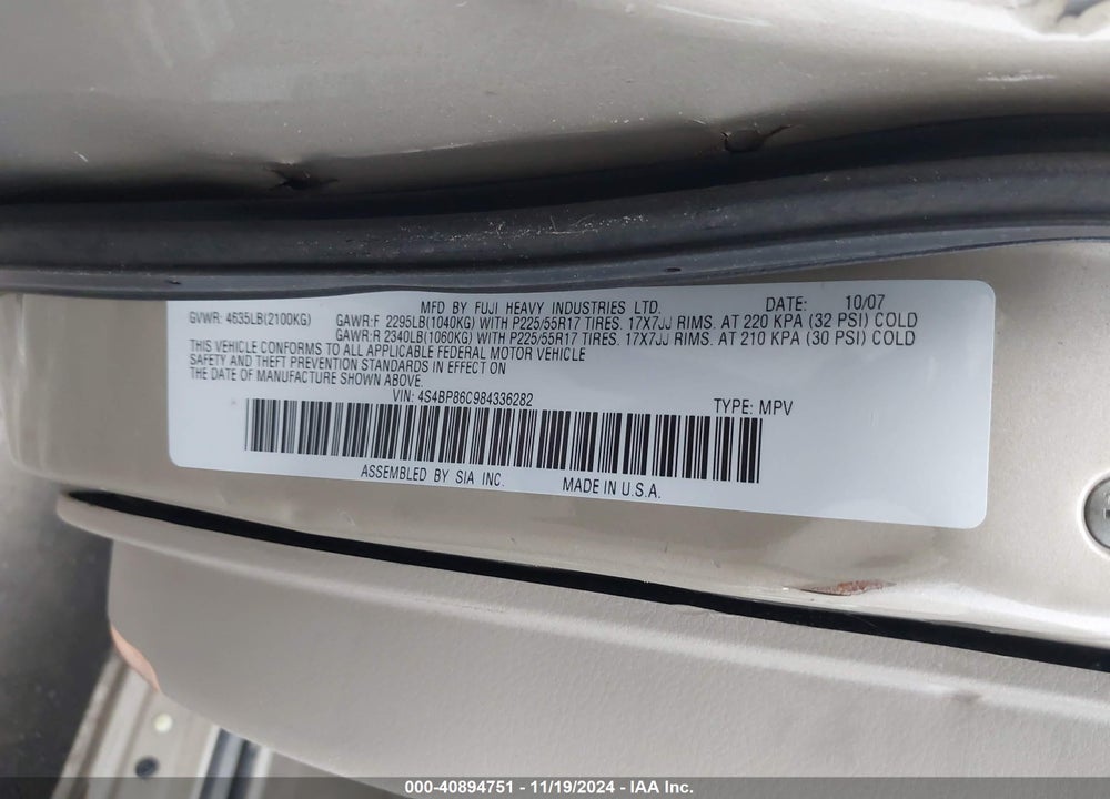 2008 SUBARU OUTBACK 3.0R L.L. BEAN EDITION VIN: 4S4BP86C984336282
