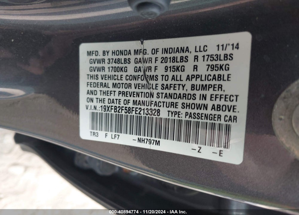 2015 HONDA CIVIC VIN: 19XFB2F58FE213328