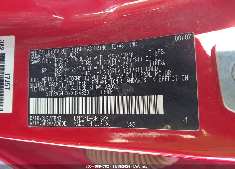 2007 TOYOTA TUNDRA SR5 V8 VIN: 5TFRV541X7X024820
