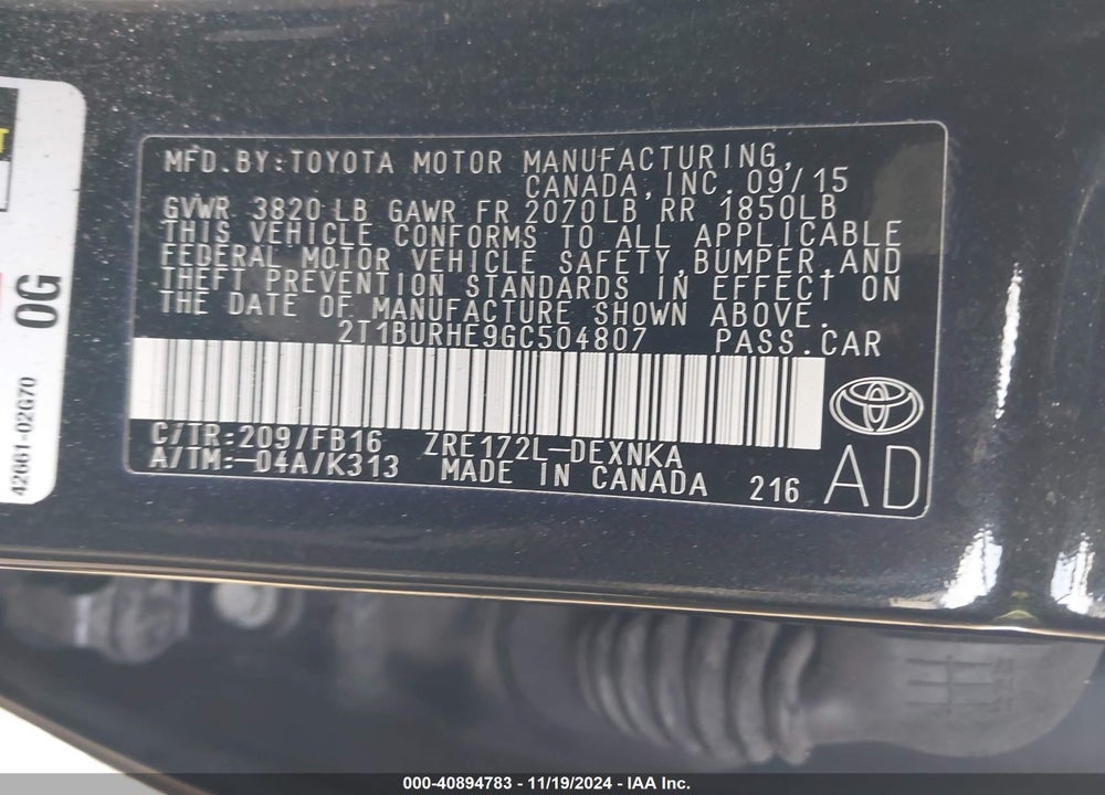 2016 TOYOTA COROLLA LE PLUS VIN: 2T1BURHE9GC504807