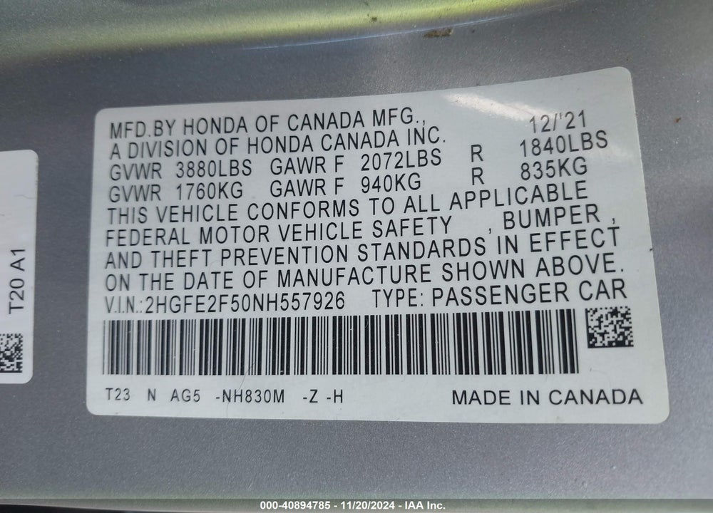 2022 HONDA CIVIC SPORT VIN: 2HGFE2F50NH557926