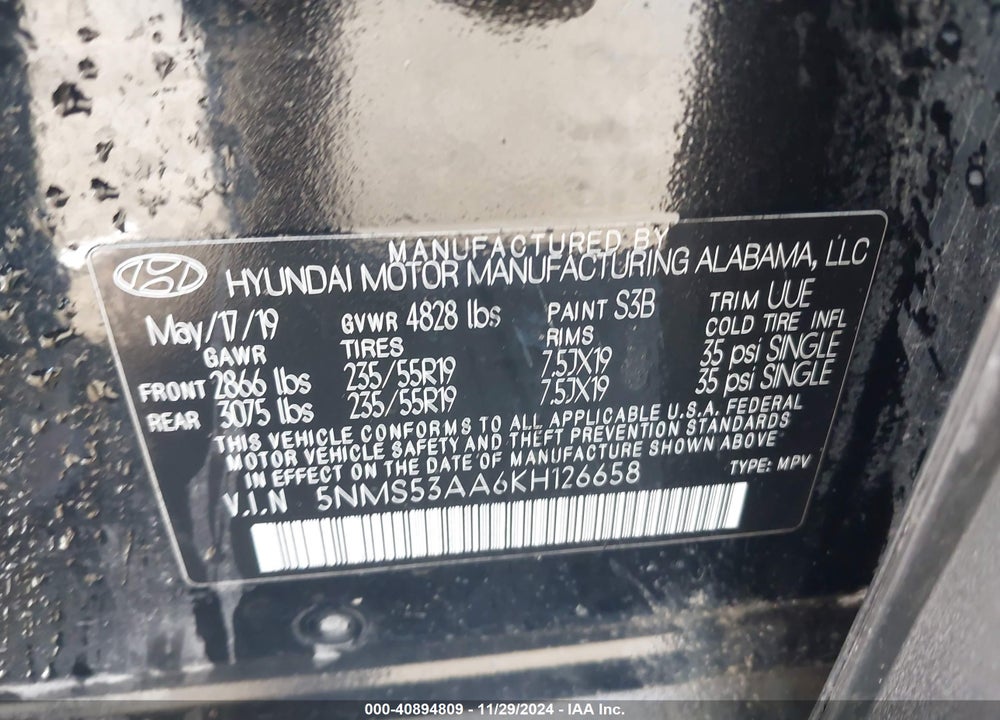 2019 HYUNDAI SANTA FE LIMITED 2.0T VIN: 5NMS53AA6KH126658