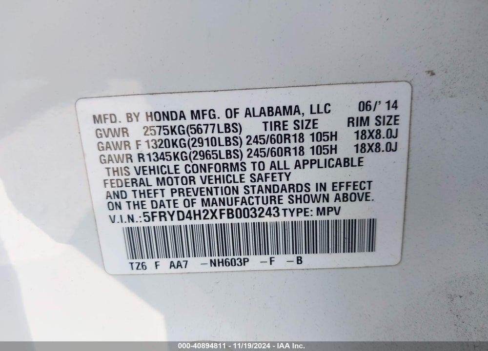2015 ACURA MDX VIN: 5FRYD4H2XFB003243