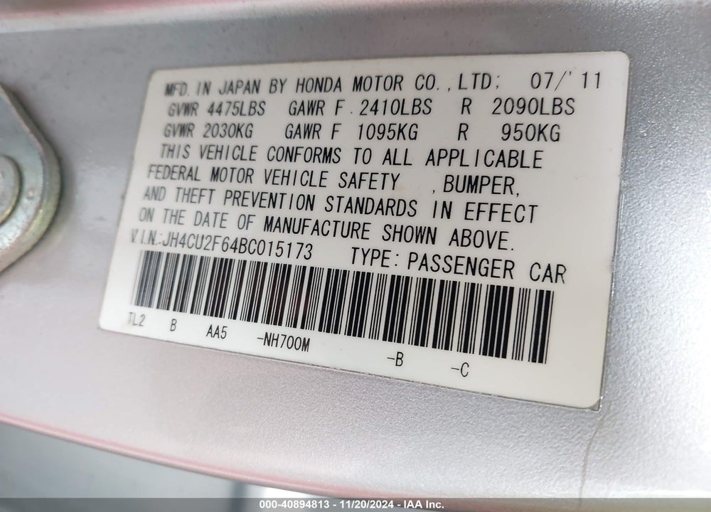 2011 ACURA TSX 2.4 VIN: JH4CU2F64BC015173