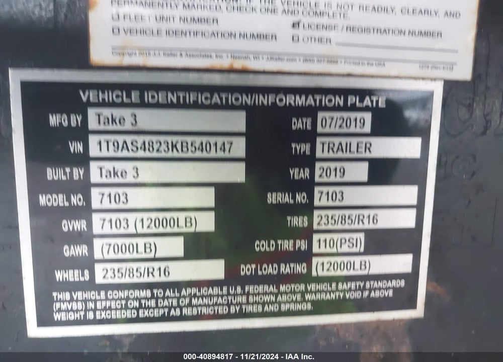 2019 TAKE 3 TRAILERS INC --- VIN: 1T9AS4823KB540147
