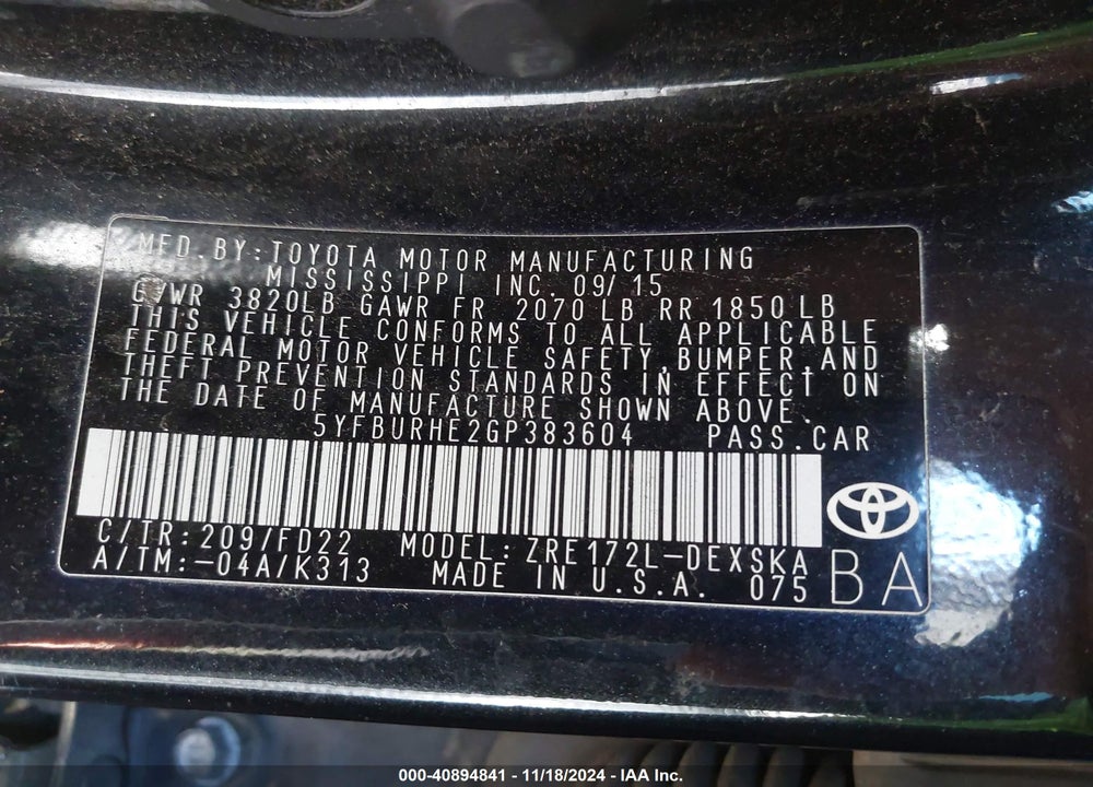 2016 TOYOTA COROLLA S PLUS VIN: 5YFBURHE2GP383604