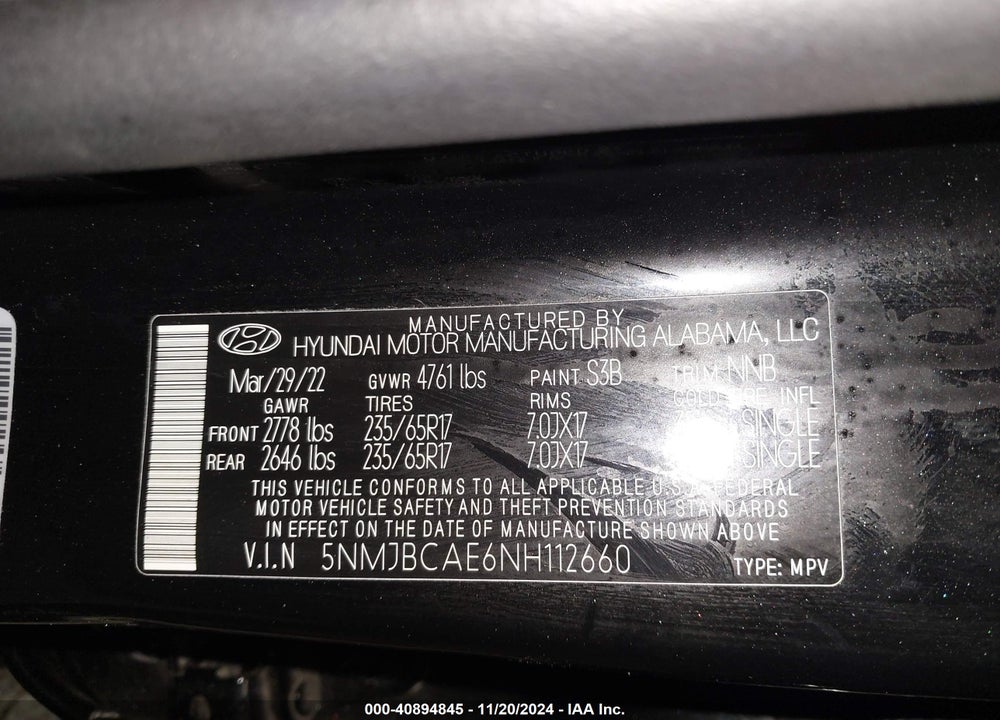 2022 HYUNDAI TUCSON SEL VIN: 5NMJBCAE6NH112660