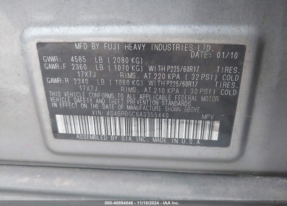 2010 SUBARU OUTBACK 2.5I PREMIUM VIN: 4S4BRBGC6A3355440