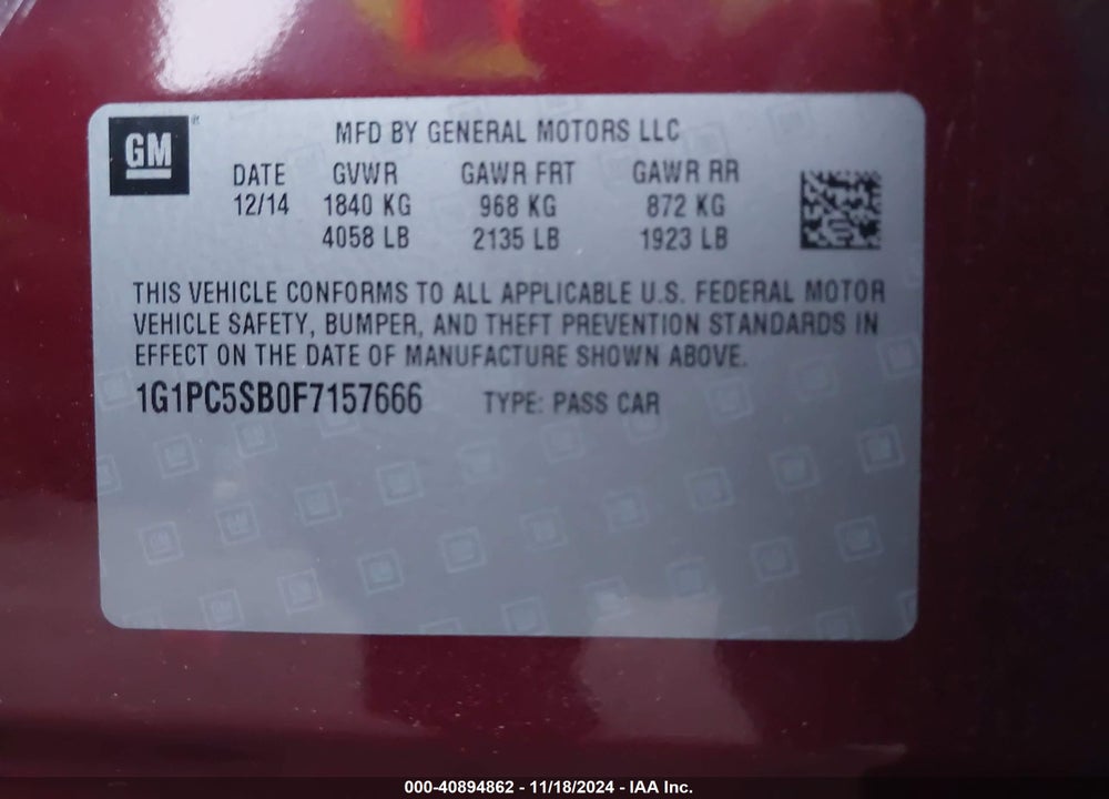 2015 CHEVROLET CRUZE 1LT AUTO VIN: 1G1PC5SB0F7157666
