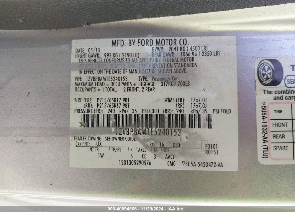 2014 FORD MUSTANG VIN: 1ZVBP8AM1E5240153