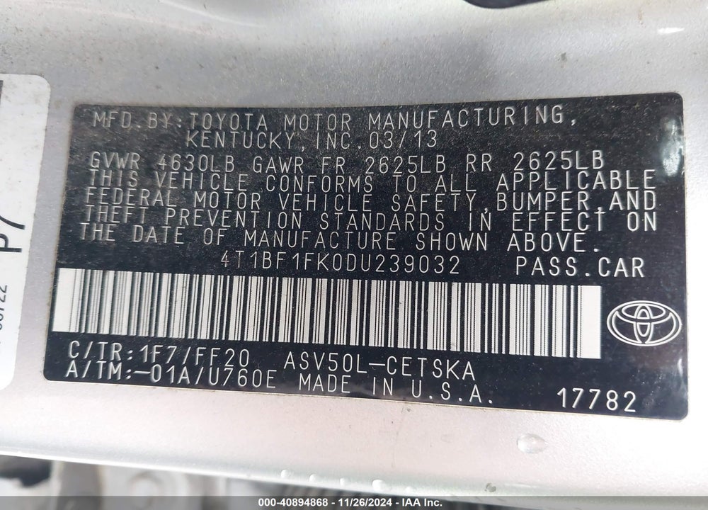 2013 TOYOTA CAMRY SE VIN: 4T1BF1FK0DU239032