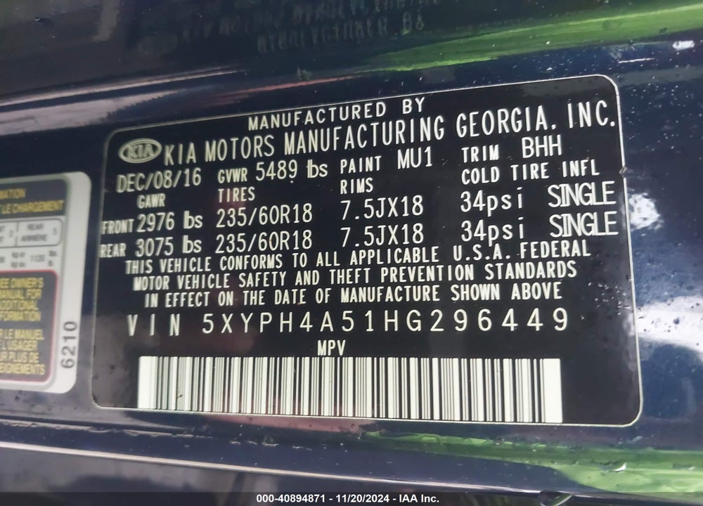 2017 KIA SORENTO 3.3L EX VIN: 5XYPH4A51HG296449