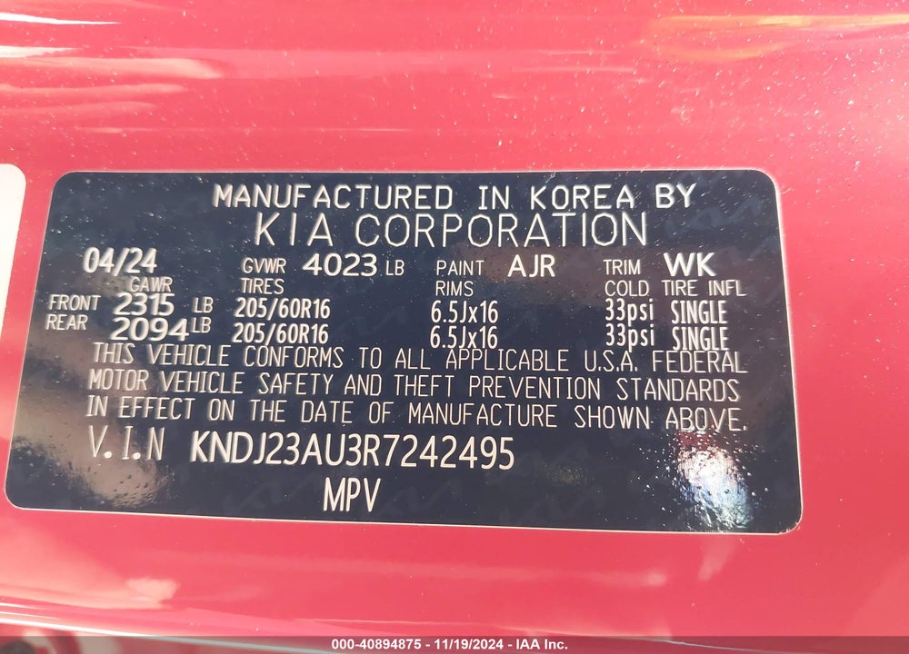 2024 KIA SOUL LX VIN: KNDJ23AU3R7242495