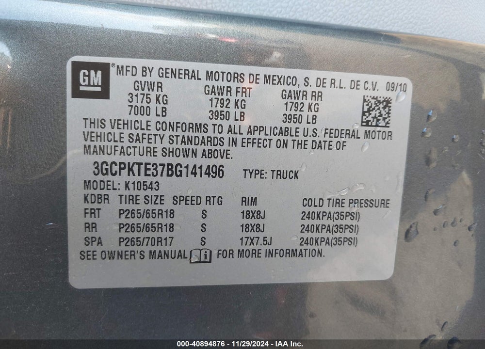 2011 CHEVROLET SILVERADO 1500 VIN: 3GCPKTE37BG141496