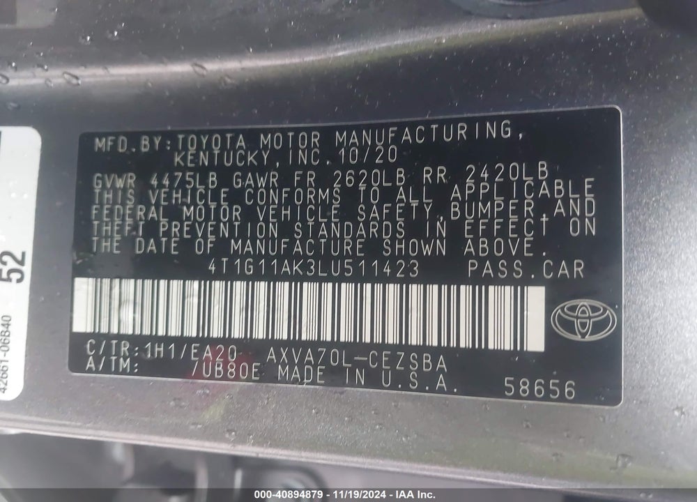 2020 TOYOTA CAMRY SE VIN: 4T1G11AK3LU511423