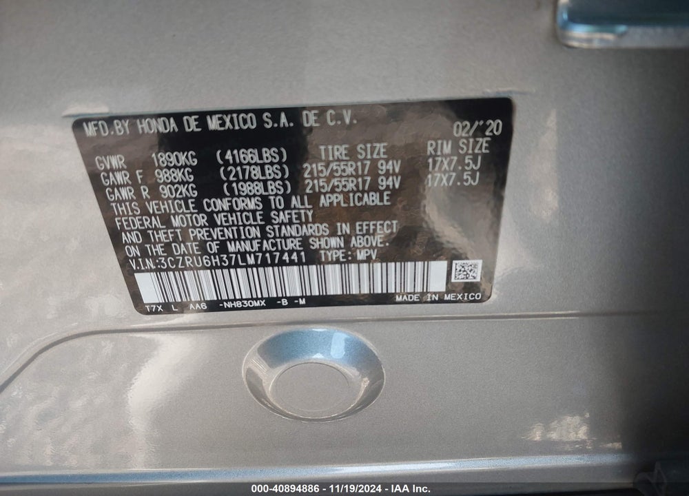 2020 HONDA HR-V AWD LX VIN: 3CZRU6H37LM717441