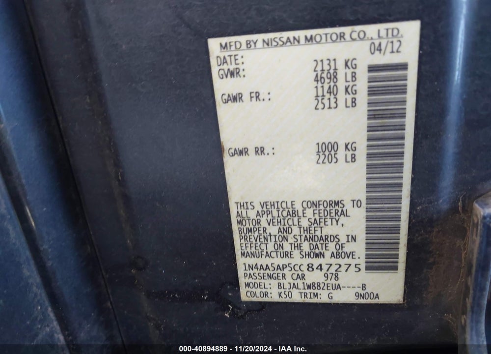 2012 NISSAN MAXIMA 3.5 SV VIN: 1N4AA5AP5CC847275