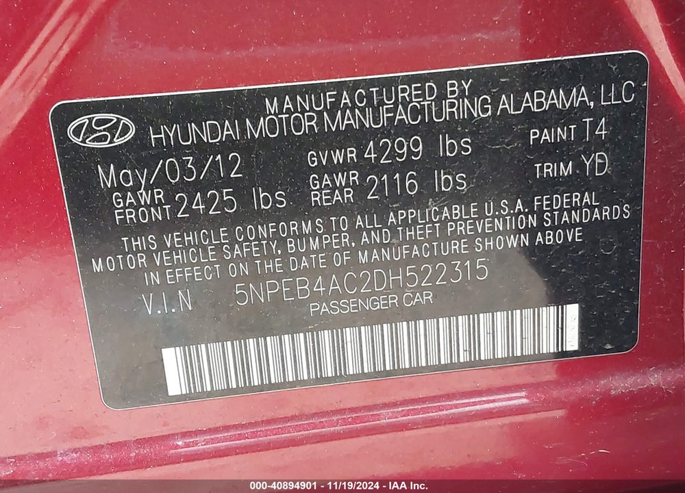 2013 HYUNDAI SONATA GLS VIN: 5NPEB4AC2DH522315