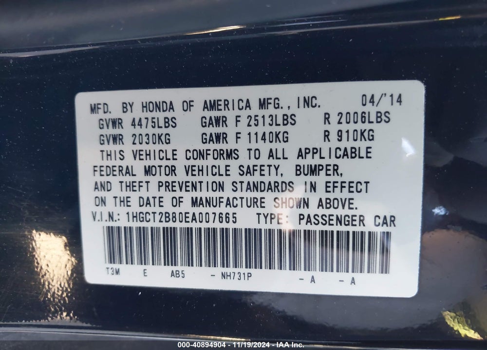 2014 HONDA ACCORD VIN: 1HGCT2B80EA007665