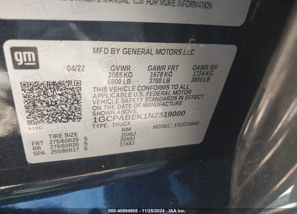 2022 CHEVROLET SILVERADO 1500 2WD SHORT BED CUSTOM VIN: 1GCPABEK1NZ519000