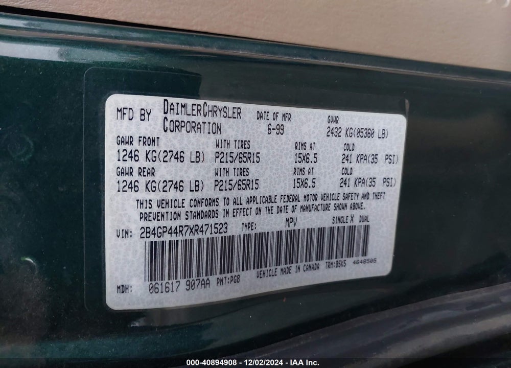 1999 DODGE GRAND CARAVAN SE VIN: 2B4GP44R7XR471523