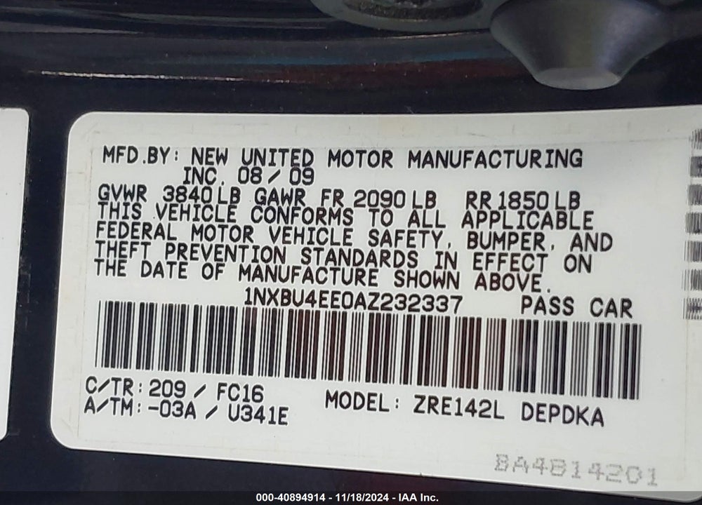 2010 TOYOTA COROLLA LE VIN: 1NXBU4EE0AZ232337