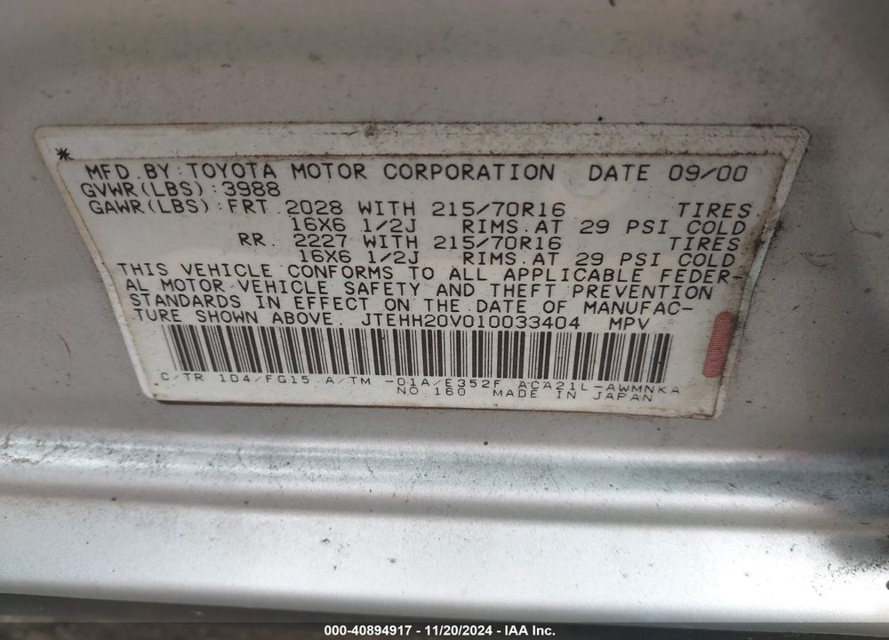 2001 TOYOTA RAV4 VIN: JTEHH20V010033404