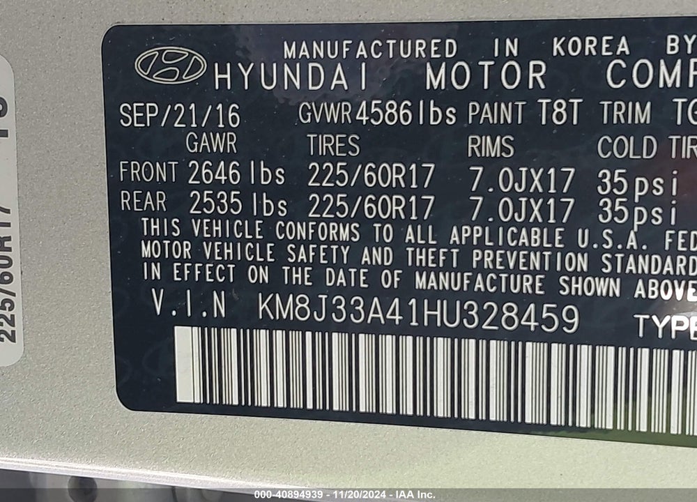 2017 HYUNDAI TUCSON SE VIN: KM8J33A41HU328459
